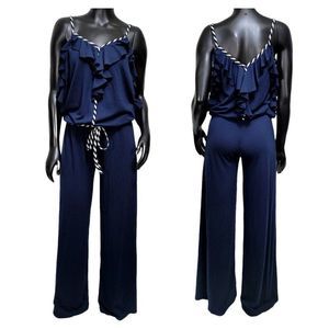 Eva Mejl Womens S Navy Silk Jersey Knit Jumpsuit Catsuit Ruffle Vneck Wide Leg